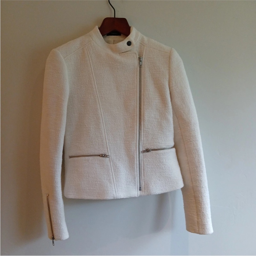 Theory Zip Front Jacket Blazer Womens Size Small White Ivory Tweed Boucle